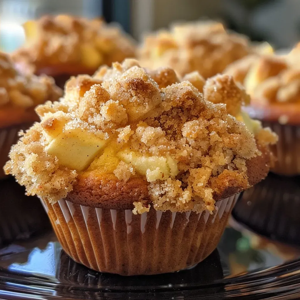 ['Close-up view of freshly baked apple muffins topped with a crumb mixture.', 'Side view of golden brown apple muffins garnished with a crunchy crumb topping.', 'Juicy apple muffins with a crispy crumble atop, displayed beautifully.', 'Delicious apple muffins showcasing a crumb topping, captured in detail.']