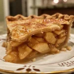 ['Close-up of a freshly baked apple pie with a golden-brown crust.', 'Side view of a homemade apple pie filled with sliced apples and spices.', 'Juicy apple pie resting on a wooden table, showing its flaky crust.', 'Delicious apple pie with a shiny crust topped with coarse sugar.']