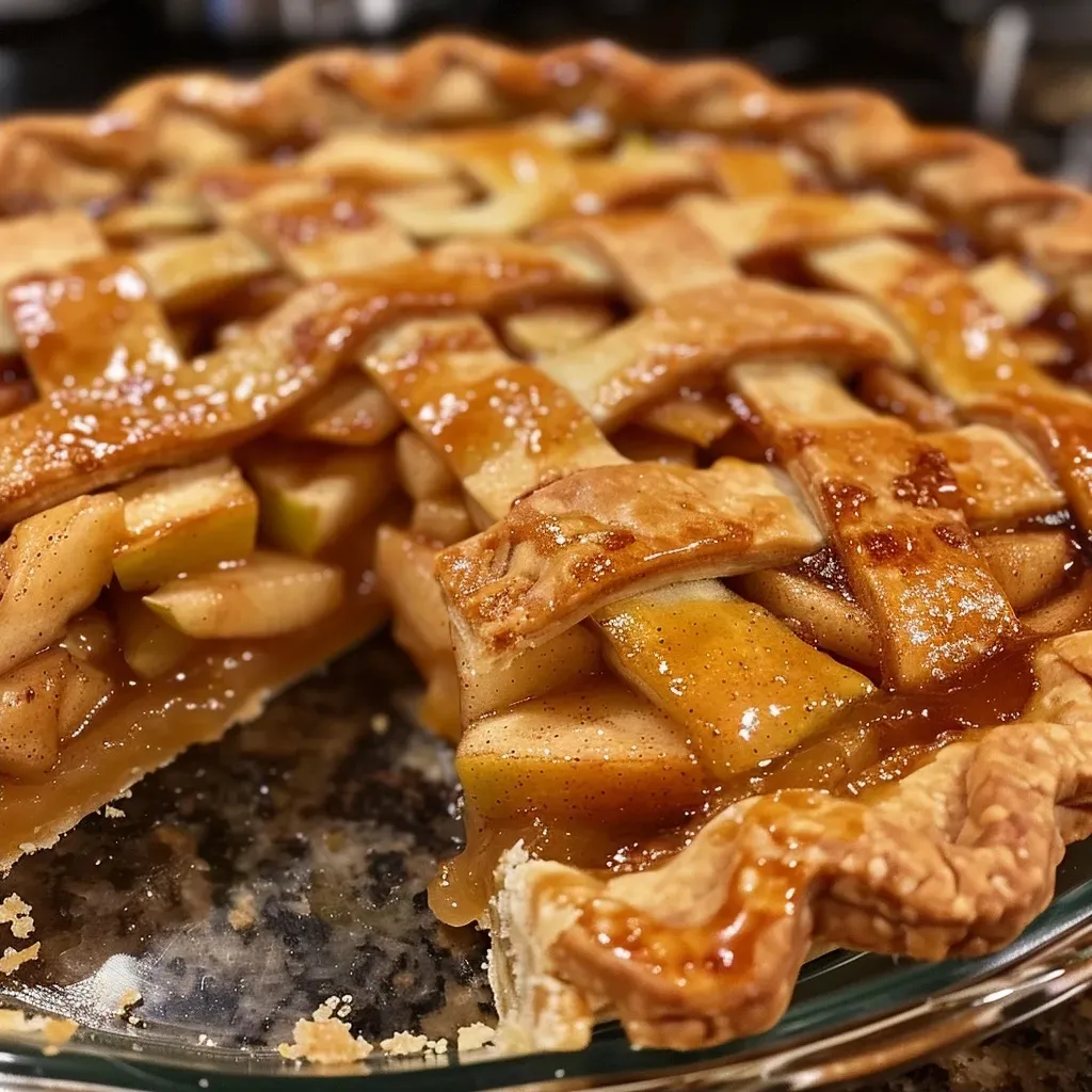 ['Close-up of a freshly baked apple pie with a golden-brown crust.', 'Side view of a homemade apple pie filled with sliced apples and spices.', 'Juicy apple pie resting on a wooden table, showing its flaky crust.', 'Delicious apple pie with a shiny crust topped with coarse sugar.']