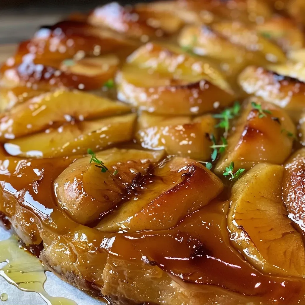 ['A close-up side view of a slice of apple tarte Tatin topped with vanilla ice cream and apple purée.', 'A delicious slice of apple tarte Tatin with a scoop of vanilla ice cream beside it on a plate.', 'An appetizing side view of apple tarte Tatin served with a generous dollop of vanilla ice cream and drizzled with apple purée.', 'A visually appealing slice of apple tarte Tatin displaying caramelized apples and accompanied by creamy vanilla ice cream.']