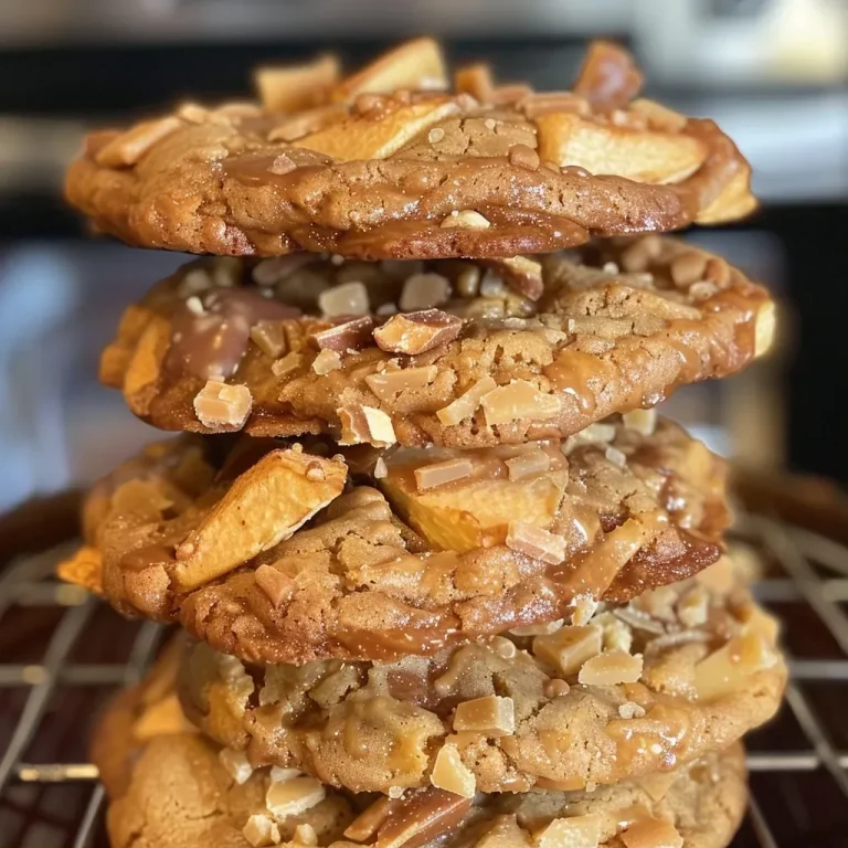 ['Close-up view of freshly baked Apple Toffee Cookies with golden edges and chunks of apple.', 'Side view of warm, gooey Apple Toffee Cookies highlighting their chewy texture and appealing color.', 'Juicy Apple Toffee Cookies photographed from the side, showcasing toffee bits and apple cubes.', 'Appetizing Apple Toffee Cookies displayed with a focus on their rich, soft surface and ingredients.']