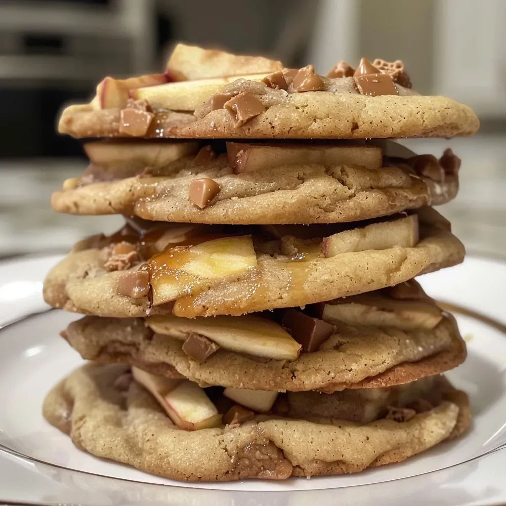 Close-up view of freshly baked Apple Toffee Cookies with golden edges and chunks of apple.
