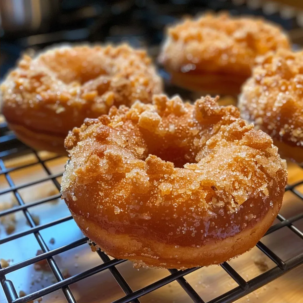 ['Close-up image of a baked apple donut showcasing its golden-brown exterior and apple chunks.', 'Side view of a freshly baked apple donut, highlighting its fluffy texture and cinnamon sugar coating.', 'Juicy baked apple donut with visible apple pieces, captured in a mouth-watering close-up.', 'Tempting side view of a baked apple donut, emphasizing its shiny glaze and sprinkled cinnamon.']