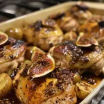 ['Close-up of baked chicken thighs glazed with fig jam and surrounded by fresh figs.', 'Side view of a plate featuring juicy baked chicken and halved figs.', 'Delicious baked chicken thighs with fig jam and fresh figs arranged artfully.', 'Succulent baked chicken with figs and garnish, presented on a rustic table.']