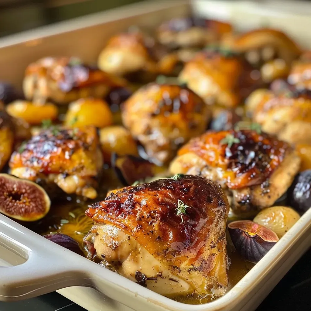 ['Close-up of baked chicken thighs glazed with fig jam and surrounded by fresh figs.', 'Side view of a plate featuring juicy baked chicken and halved figs.', 'Delicious baked chicken thighs with fig jam and fresh figs arranged artfully.', 'Succulent baked chicken with figs and garnish, presented on a rustic table.']