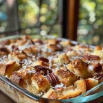 ['Close-up of golden-brown bread pudding with a rich, creamy texture and a sprinkle of cinnamon.', 'Side view of bread pudding showcasing its moist layers and chunks of brioche, adorned with raisins and pecans.', 'Detailed image of freshly baked bread pudding, highlighting its soft interior and caramelized top.', 'Appetizing slice of bread pudding with visible ingredients such as brioche, raisins, and nuts.']