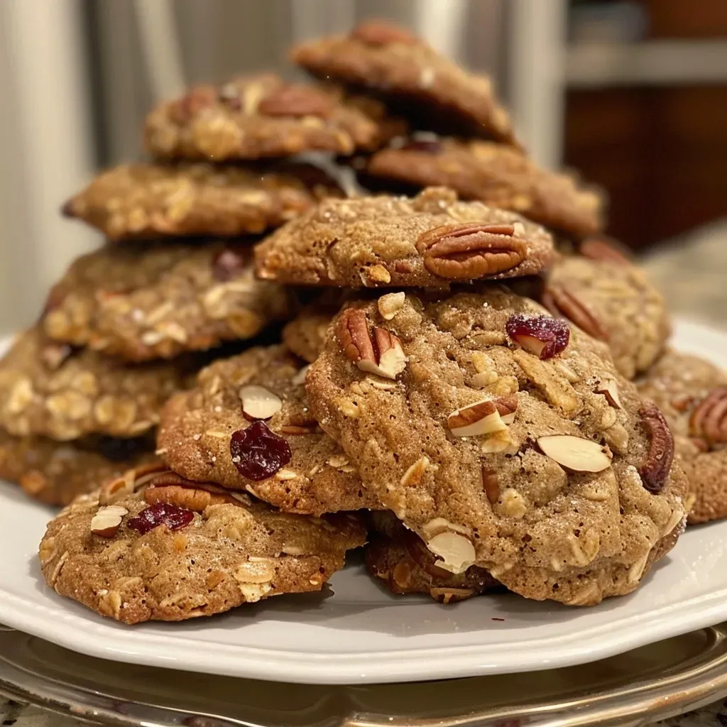 ['Close-up of a golden-brown cookie with visible pecans and cranberries.', 'Side view of a freshly baked Brown Butter Harvest Cookie showing a crunchy exterior.', 'Detailed close-up of a cookie with a buttery sheen and pieces of pumpkin seeds.', 'Rustic cookie stacked with visible ingredients like oats and dried fruits.']