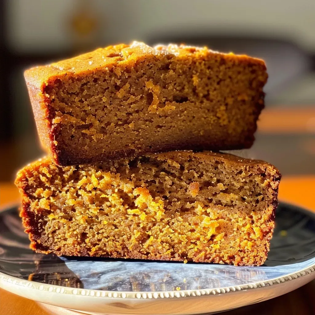 Close-up view of a slice of moist Butternut Squash Bread with a golden-brown crust.