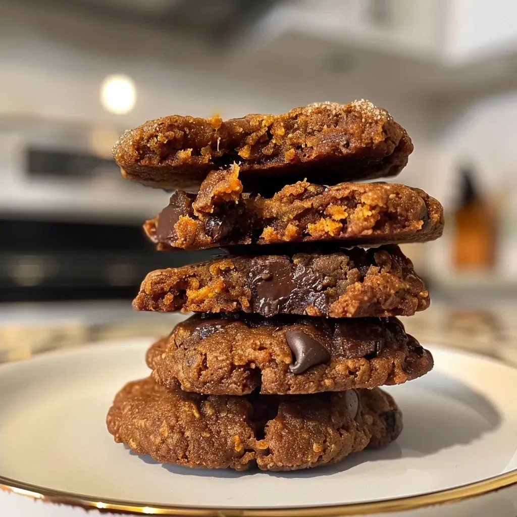 ['Close-up view of freshly baked Butternut Squash Cookies with a golden-brown exterior.', 'Side angle of soft, fluffy Butternut Squash Cookies topped with chocolate chips and nuts.', 'Delicious homemade Butternut Squash Cookies displayed on a rustic wooden surface.', 'Tempting Butternut Squash Cookies with a warm, inviting texture and rich color.']