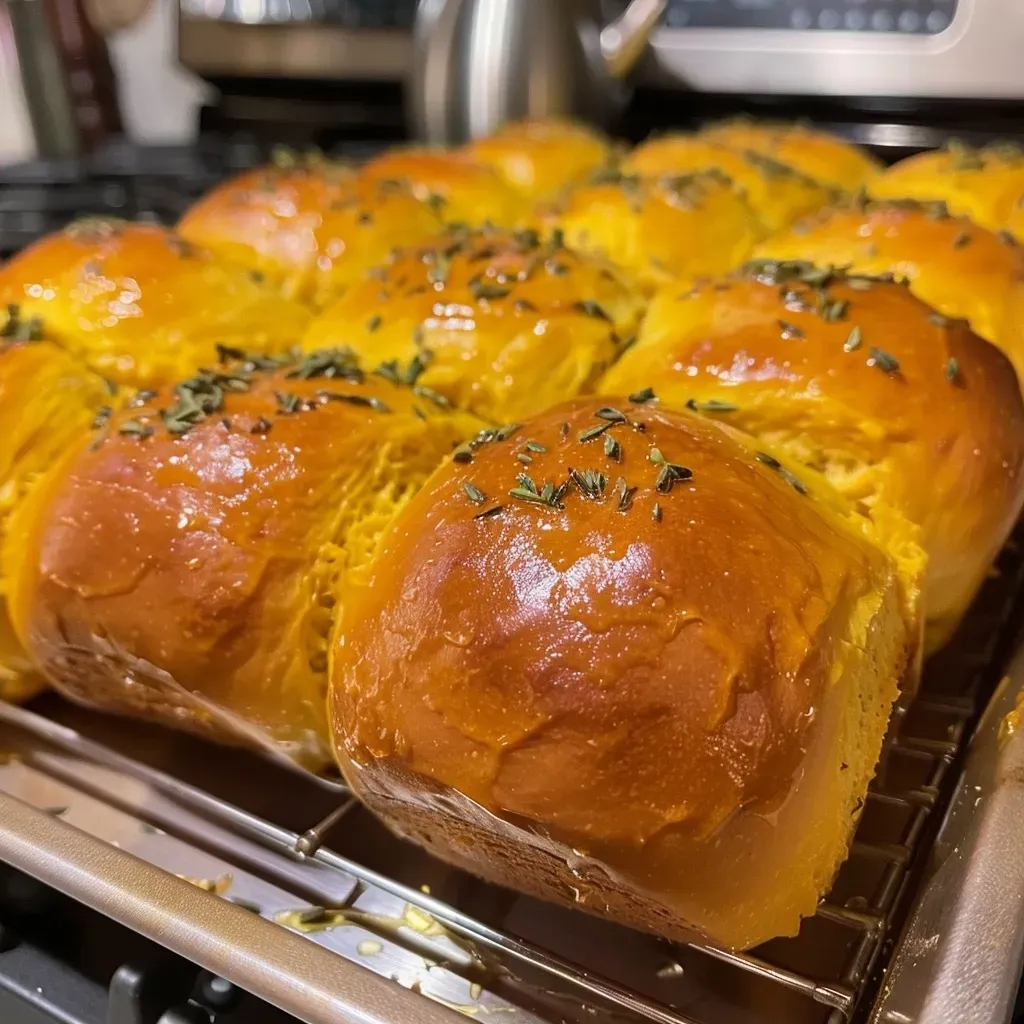 ['A close-up side view of golden-brown butternut squash dinner rolls, soft and fluffy.', 'Juicy, freshly baked butternut squash dinner rolls arranged neatly on a plate, showing their texture.', 'A detailed view of warm, inviting butternut squash dinner rolls with a golden crust and rosemary sprinkles.', 'Soft and pillowy butternut squash dinner rolls captured in a side view, highlighting their deliciousness.']