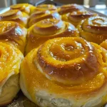 ['Close-up of golden-brown Butternut Squash Rolls stacked on a plate.', 'Side view of fluffy butternut squash rolls with a shiny, buttery crust.', 'Deliciously baked Butternut Squash Rolls with a warm, inviting color.', 'Freshly made butternut squash rolls, showcasing their texture and color.']