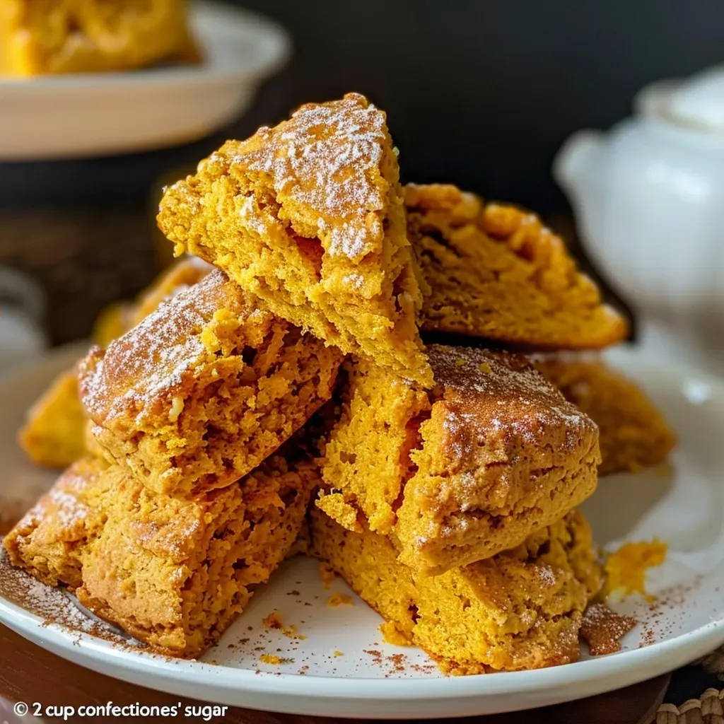 ['Side view of golden-brown butternut squash scones on a white plate.', 'Close-up of freshly baked butternut squash scones with a textured surface.', 'A warm butternut squash scone placed on a rustic wooden table.', 'Three butternut squash scones arranged neatly, showcasing their crumbly texture.']