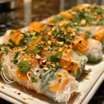 ['Close-up of Butternut Squash Summer Rolls filled with diced squash and fresh herbs.', 'Side view of vibrant, juicy Butternut Squash Summer Rolls on a plate.', 'Assorted Butternut Squash Summer Rolls featuring diced squash and greens, garnished with almonds.', 'Colorful Butternut Squash Summer Rolls showcasing ingredients like butternut squash and cilantro.']