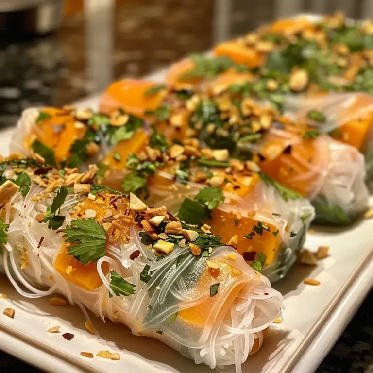 ['Close-up of Butternut Squash Summer Rolls filled with diced squash and fresh herbs.', 'Side view of vibrant, juicy Butternut Squash Summer Rolls on a plate.', 'Assorted Butternut Squash Summer Rolls featuring diced squash and greens, garnished with almonds.', 'Colorful Butternut Squash Summer Rolls showcasing ingredients like butternut squash and cilantro.']