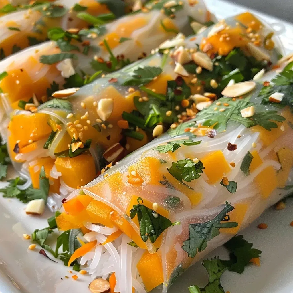 Close-up of Butternut Squash Summer Rolls filled with diced squash and fresh herbs.