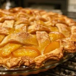 ['A close-up side view of a golden-brown canned peach pie, showcasing a flaky crust and juicy peach filling.', 'A detailed side view of a sliced canned peach pie, with glistening peach slices visible through the crust.', 'An iPhone 15 Pro close-up image of a freshly baked canned peach pie, highlighting the shiny filling and crust.', 'A tempting side view of a canned peach pie, emphasizing its buttery crust and vibrant peach color.']