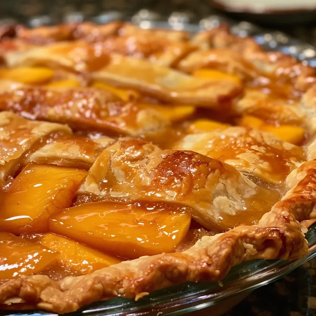 ['A close-up side view of a golden-brown canned peach pie, showcasing a flaky crust and juicy peach filling.', 'A detailed side view of a sliced canned peach pie, with glistening peach slices visible through the crust.', 'An iPhone 15 Pro close-up image of a freshly baked canned peach pie, highlighting the shiny filling and crust.', 'A tempting side view of a canned peach pie, emphasizing its buttery crust and vibrant peach color.']
