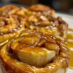 ['Close-up view of warm caramel apple cinnamon rolls with a gooey caramel drizzle.', 'Side shot of cinnamon rolls filled with apple pieces and topped with rich caramel sauce.', 'Deliciously baked caramel apple cinnamon rolls showcasing a cinnamon topping and melted butter.', 'Juicy caramel apple cinnamon rolls with a golden-brown crust and drizzled with cream.']
