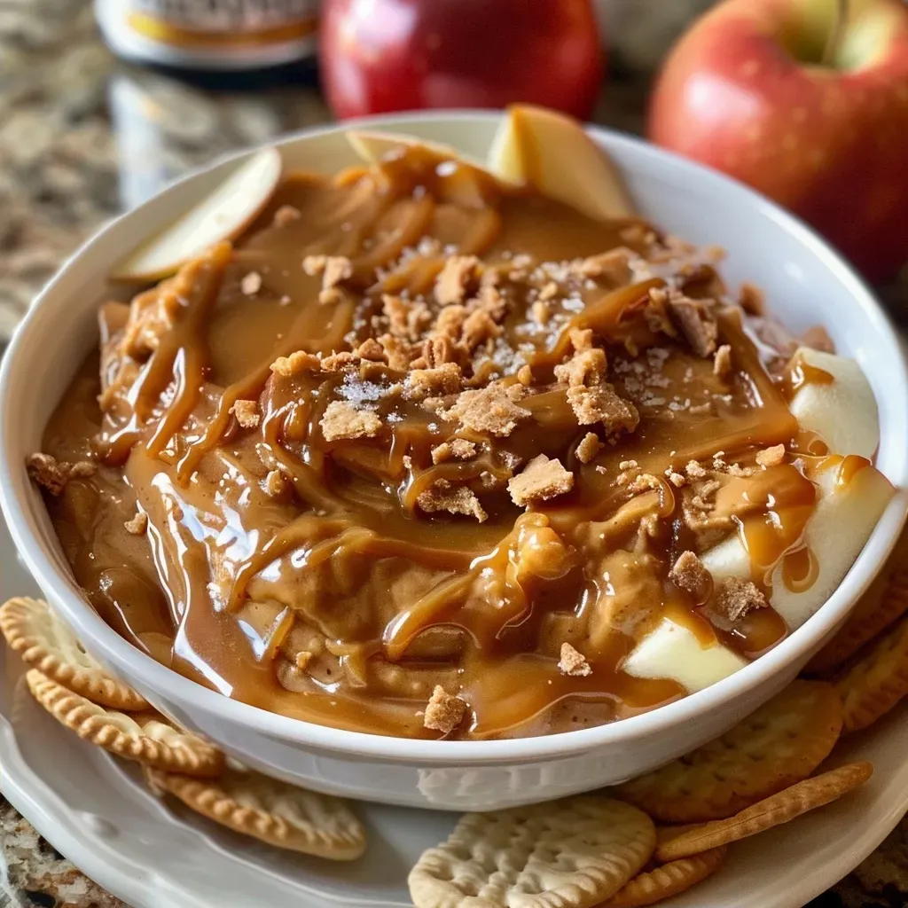 Close-up view of creamy caramel apple dip in a bowl with apple slices nearby.