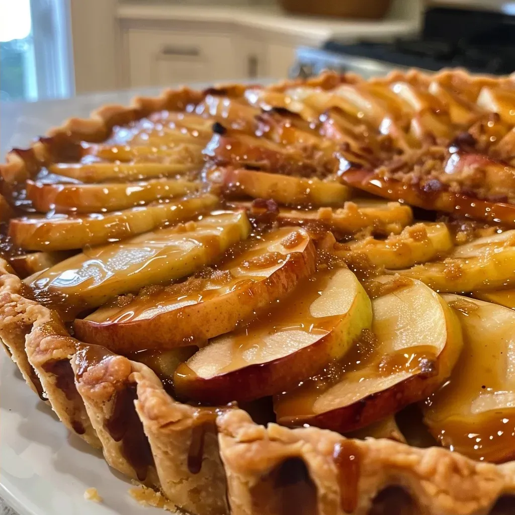 ['Close-up of a caramel apple tart showcasing glossy caramel and apple slices.', 'Side view of a caramel apple tart with glistening caramel drizzled over apple filling.', 'Juicy caramel apple tart with a golden crust and vibrant apple slices.', 'Detailed view of a caramel apple tart highlighting its rich caramel and spiced apple filling.']