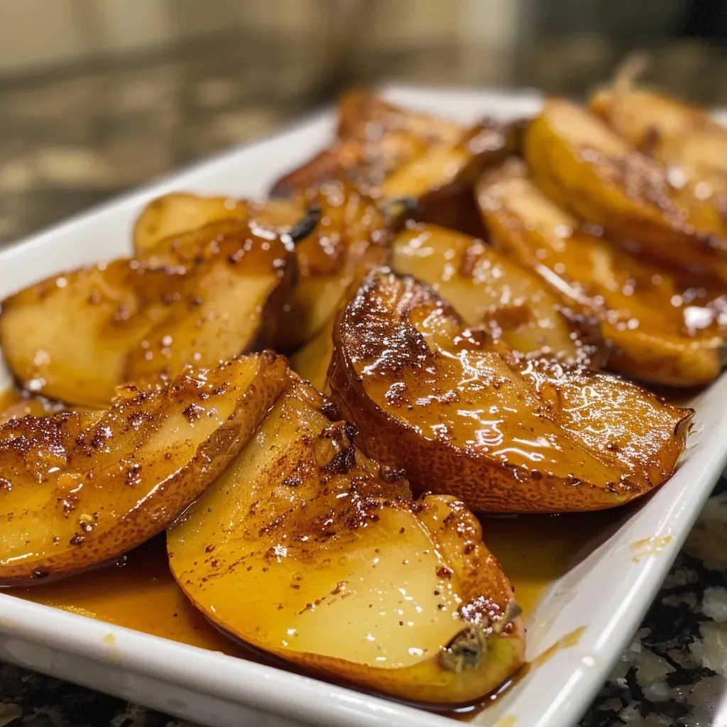 ['Close-up view of caramelized cinnamon-spiced pears on a plate, glistening with syrup.', 'Juicy Bosc pears sliced and caramelized, coated in cinnamon and maple syrup.', 'A side view of warm caramelized pears sprinkled with cinnamon, served on a dish.', 'Glazed cinnamon-spiced pears arranged neatly, showcasing their rich golden-brown color.']