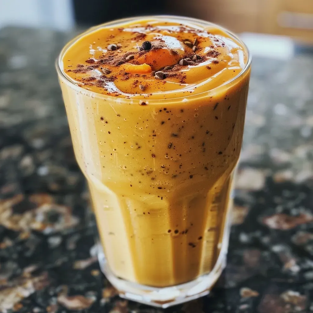 ['Close-up view of a Chai-Spiced Butternut Squash Smoothie in a glass, showcasing its creamy texture.', 'Side angle of a vibrant orange Chai-Spiced Butternut Squash Smoothie garnished with a sprinkle of cinnamon.', 'A delicious Chai-Spiced Butternut Squash Smoothie in a clear glass, highlighting the smoothie’s rich color.', 'Smoothie in a glass featuring warm spices, with butternut squash visible in the background.']