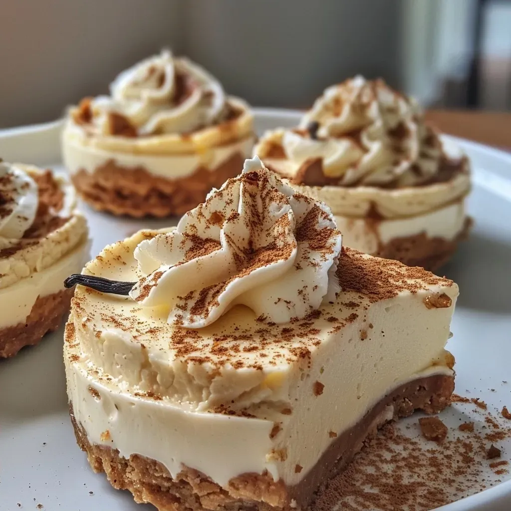 ['Chai Spiced Cheesecake Tarts with a rich creamy filling and crumbly base, viewed from the side.', 'Side view of Chai Spiced Cheesecake Tarts showcasing the creamy top and spiced layer.', 'Close-up of Chai Cheesecake Tarts revealing the texture of the filling and crust.', 'Tantalizing Chai Spiced Cheesecake Tarts in a side view, highlighting the intricate details.']