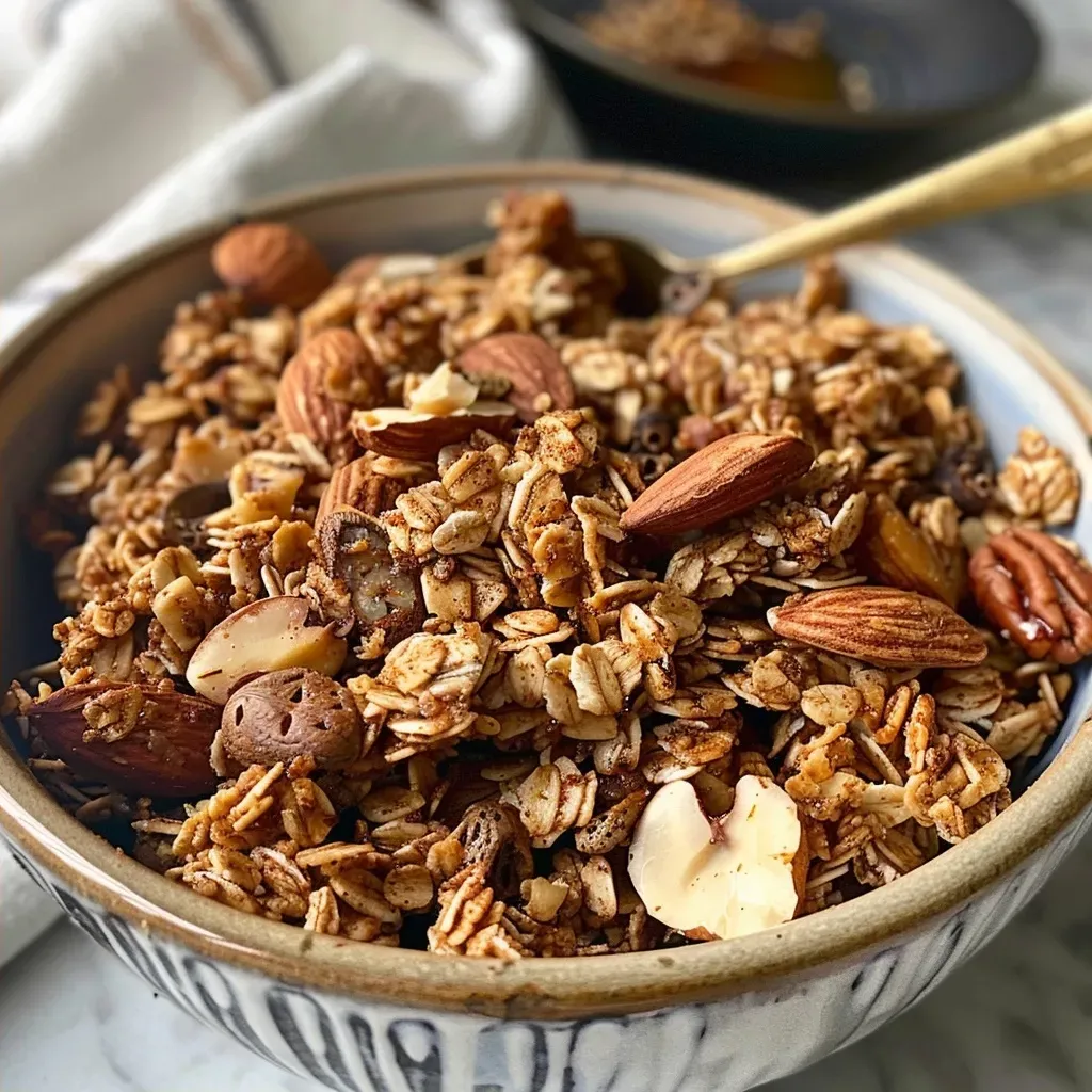 ['Close-up view of Chai Spiced Granola in a bowl with nuts and seeds visible.', 'Side view of a colorful mix of Chai Spiced Granola featuring almonds and pecans.', 'Detailed shot of granola clusters with spices and seeds, highlighting a warm color palette.', 'Close-up of granola showcasing a variety of ingredients including almonds, cashews, and a hint of spice.']