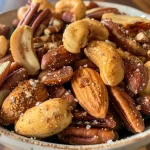 ['Close-up view of a bowl filled with Chai-Spiced Mixed Nuts, showcasing a mix of almonds, pecans, and cashews.', 'A side view of Chai-Spiced Mixed Nuts, highlighting the shiny glaze and various nutty textures.', 'A detailed close-up of spiced mixed nuts with a warm golden hue, featuring whole almonds, pecans, and cashews.', 'A vibrant assortment of Chai-Spiced Mixed Nuts in a bowl, emphasizing the blend of spices and shiny coating.']