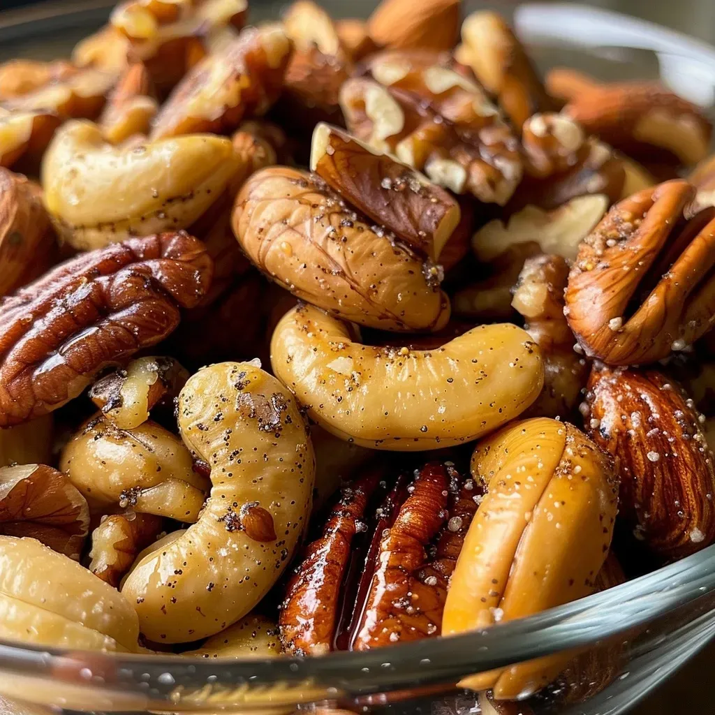 ['Close-up view of a bowl filled with Chai-Spiced Mixed Nuts, showcasing a mix of almonds, pecans, and cashews.', 'A side view of Chai-Spiced Mixed Nuts, highlighting the shiny glaze and various nutty textures.', 'A detailed close-up of spiced mixed nuts with a warm golden hue, featuring whole almonds, pecans, and cashews.', 'A vibrant assortment of Chai-Spiced Mixed Nuts in a bowl, emphasizing the blend of spices and shiny coating.']