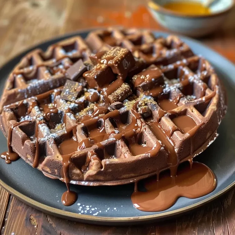 ['Close-up view of chocolate chai waffles drizzled with spiced chocolate syrup.', 'Side view of golden brown chocolate chai waffles topped with melted dark chocolate.', 'Delicious chocolate chai waffles with chocolate syrup and a scoop of vanilla ice cream.', 'Appetizing stack of chocolate chai waffles garnished with a rich, spiced chocolate syrup.']