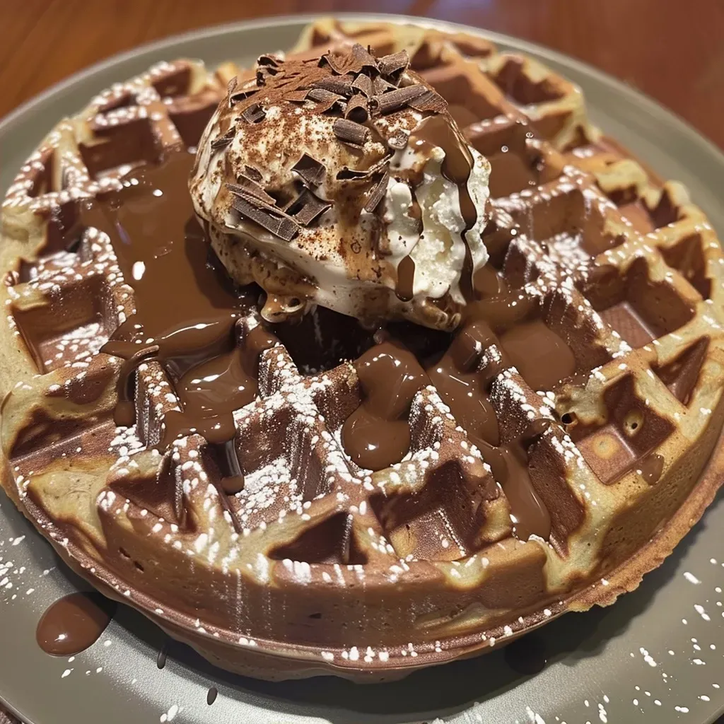 ['Close-up view of chocolate chai waffles drizzled with spiced chocolate syrup.', 'Side view of golden brown chocolate chai waffles topped with melted dark chocolate.', 'Delicious chocolate chai waffles with chocolate syrup and a scoop of vanilla ice cream.', 'Appetizing stack of chocolate chai waffles garnished with a rich, spiced chocolate syrup.']