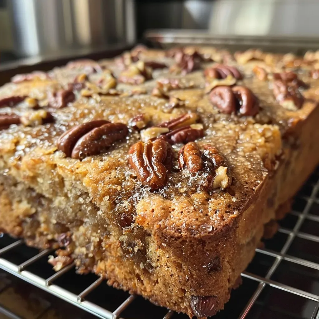 ['A side view of a cinnamon pecan coffee cake with a moist texture and crumbly topping.', 'Close-up image of a slice of cinnamon pecan coffee cake, showcasing its rich, nutty layers.', 'A detailed view of cinnamon pecan coffee cake displaying its golden crust and pecan streusel topping.', 'Side profile of a freshly baked cinnamon pecan coffee cake, highlighting its soft interior and crunchy topping.']