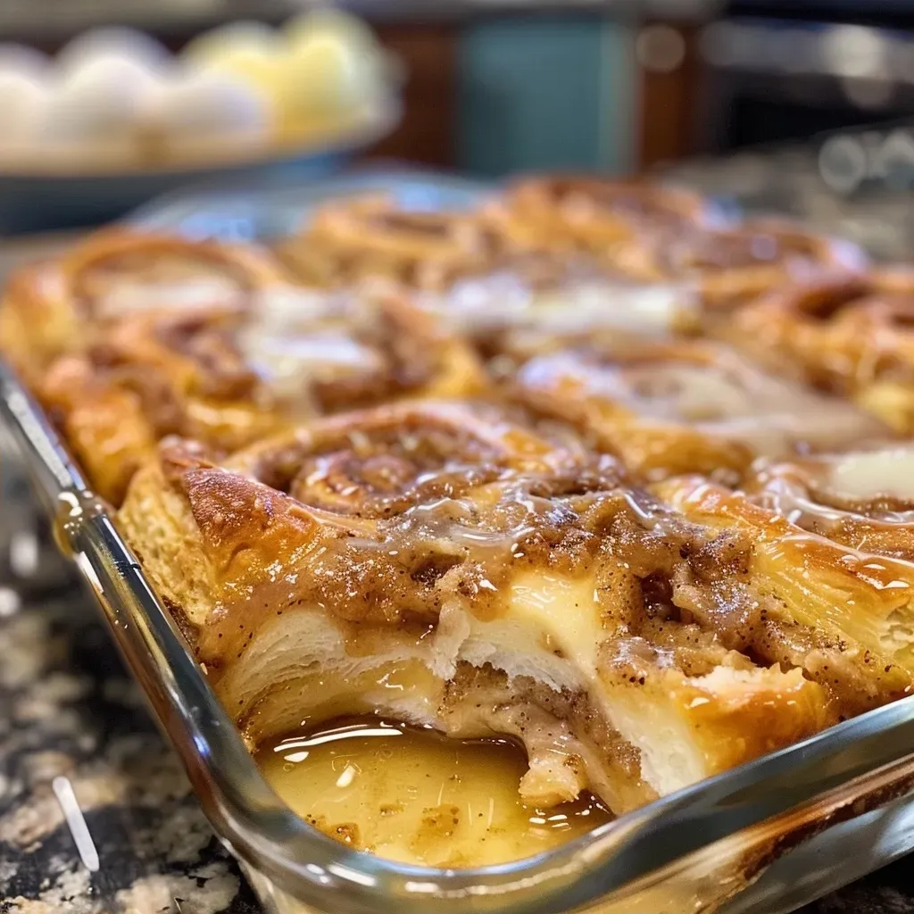 ['Close-up side view of a baked cinnamon roll casserole with a golden-brown top.', 'A delicious cinnamon roll casserole, showing gooey cinnamon rolls and a creamy texture.', 'Cinnamon roll casserole displayed from the side, highlighting its fluffy layers and icing drizzle.', 'Close-up image of a cinnamon roll casserole, featuring swirls of cinnamon and frosting on top.']
