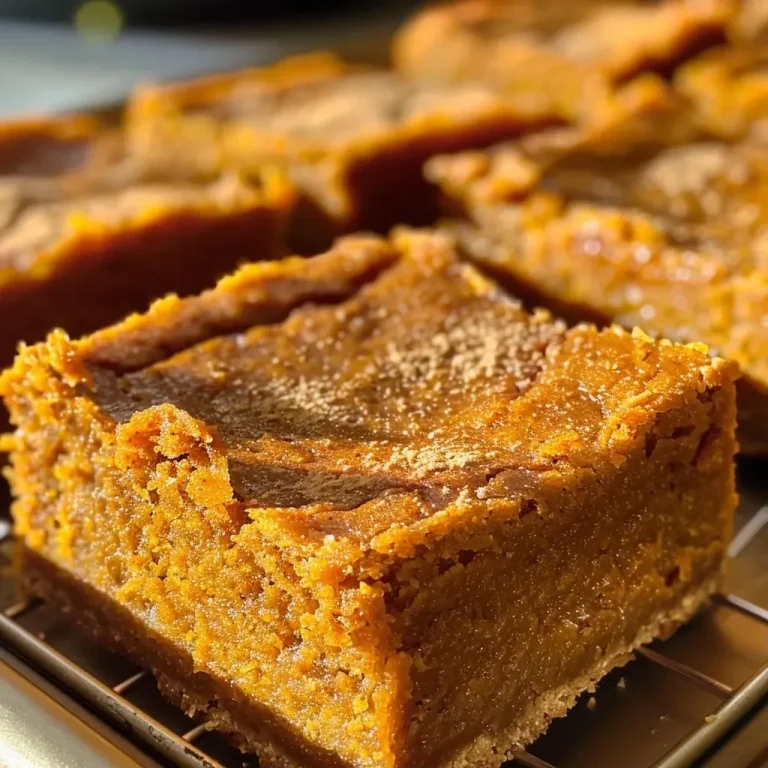 ['Close-up side view of Classic Pumpkin Bars showing a moist texture and rich color.', 'Delicious Classic Pumpkin Bars displayed, highlighting their spiced surface and soft crumb.', 'Juicy Classic Pumpkin Bars captured from the side, showcasing their golden-brown edges and pumpkin filling.', 'Focused image of Classic Pumpkin Bars, revealing the layers and spices within the bars.']