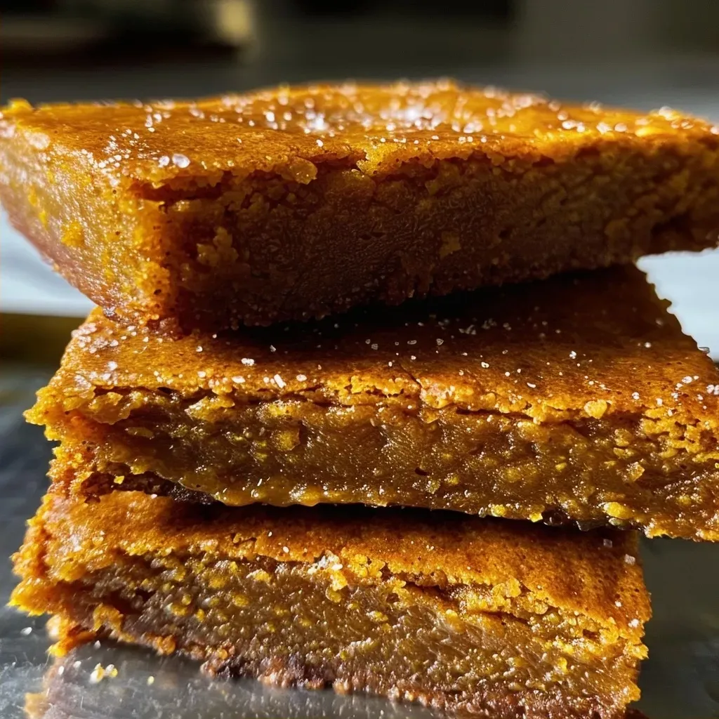 ['Close-up side view of Classic Pumpkin Bars showing a moist texture and rich color.', 'Delicious Classic Pumpkin Bars displayed, highlighting their spiced surface and soft crumb.', 'Juicy Classic Pumpkin Bars captured from the side, showcasing their golden-brown edges and pumpkin filling.', 'Focused image of Classic Pumpkin Bars, revealing the layers and spices within the bars.']