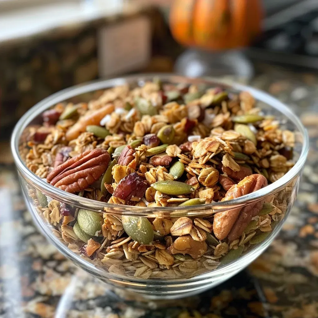 ['Close-up side view of cozy pumpkin spice granola in a bowl.', 'Crunchy pumpkin spice granola with nuts and cranberries displayed in a dish.', 'Tasty pumpkin spice granola featuring oats and pumpkin seeds, captured from the side.', 'A vibrant mix of pumpkin spice granola showcasing oats and nuts, photographed closely.']