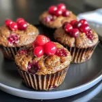 ['Close-up side view of a fresh Cranberry Orange Protein Muffin with vibrant cranberries on top.', 'Juicy Cranberry Orange Protein Muffins arranged on a plate, showcasing a moist texture.', 'A delicious side view of a baked muffin with visible cranberries and orange zest details.', 'Brightly colored Cranberry Orange Protein Muffins displayed on a rustic wooden table.']