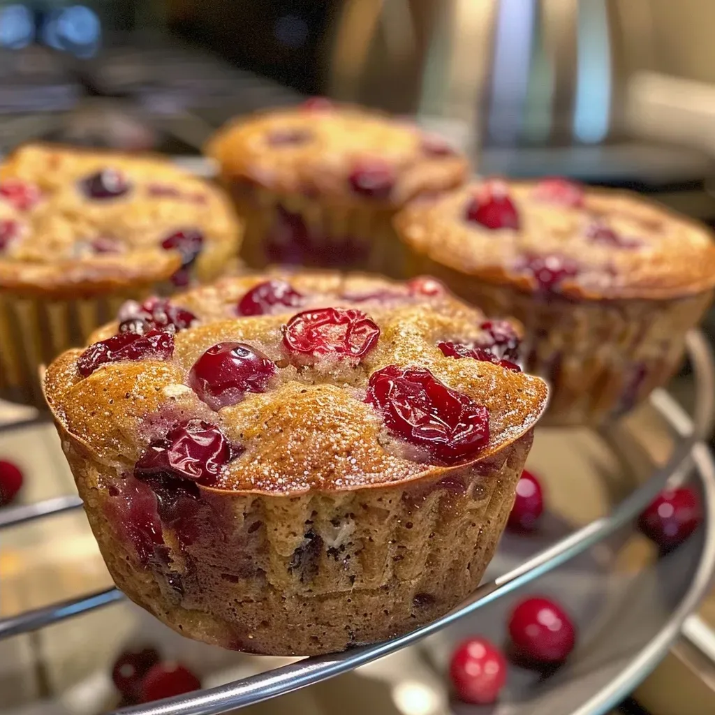 Close-up side view of a fresh Cranberry Orange Protein Muffin with vibrant cranberries on top.