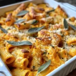 ['Close-up view of creamy butternut squash pasta bake with melted cheese on top.', 'Side view of a bubbling butternut squash pasta bake in a baking dish.', 'Golden brown pasta bake with visible butternut squash and herbs.', 'Creamy pasta dish featuring butternut squash, herbs, and cheese.']