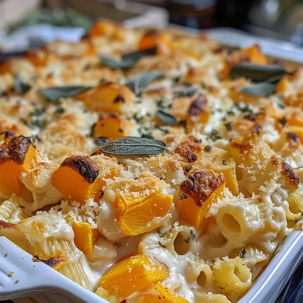 ['Close-up view of creamy butternut squash pasta bake with melted cheese on top.', 'Side view of a bubbling butternut squash pasta bake in a baking dish.', 'Golden brown pasta bake with visible butternut squash and herbs.', 'Creamy pasta dish featuring butternut squash, herbs, and cheese.']