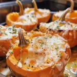 ['Close-up of roasted mini pumpkins topped with creamy Parmesan sauce.', 'Succulent mini pumpkins drizzled with heavy cream and sprinkled with Parmesan.', 'Side view of golden-brown mini pumpkins garnished with garlic and thyme.', 'Creamy Parmesan roasted mini pumpkins, showcasing a rich texture and vibrant color.']