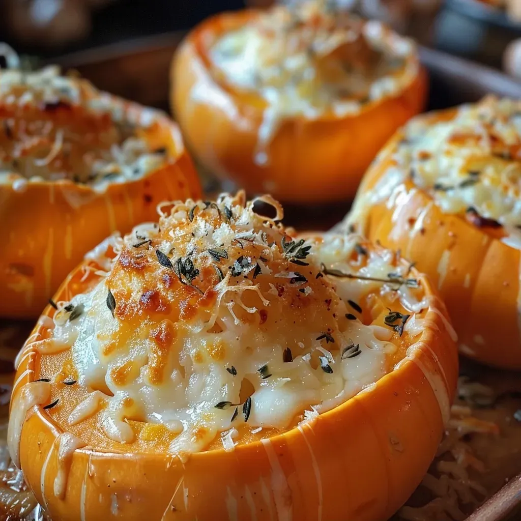 ['Close-up of roasted mini pumpkins topped with creamy Parmesan sauce.', 'Succulent mini pumpkins drizzled with heavy cream and sprinkled with Parmesan.', 'Side view of golden-brown mini pumpkins garnished with garlic and thyme.', 'Creamy Parmesan roasted mini pumpkins, showcasing a rich texture and vibrant color.']