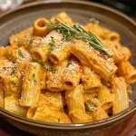 ['Close-up of creamy pumpkin pasta garnished with Parmesan cheese.', 'Side view of a bowl filled with rich creamy pumpkin pasta and spinach.', 'Delicious creamy pumpkin pasta served with herbs and spices.', 'Bowl of vibrant pumpkin pasta showcasing its creamy texture and ingredients.']