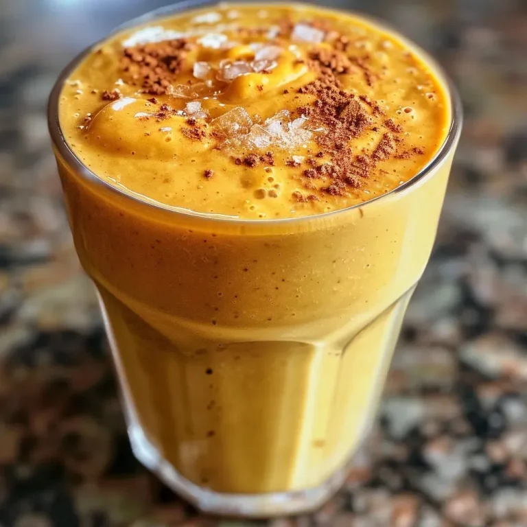 ['Close-up view of a creamy pumpkin smoothie in a glass, garnished with a sprinkle of spice.', 'Side angle of a vibrant orange pumpkin smoothie with a creamy texture, served in a clear glass.', 'Smoothie filled with pumpkin puree and banana, showcasing a thick, creamy consistency.', 'Refreshing pumpkin smoothie in a glass, surrounded by ingredients like a banana and maple syrup.']