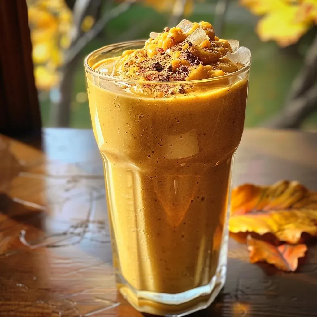 ['Close-up view of a creamy pumpkin smoothie in a glass, garnished with a sprinkle of spice.', 'Side angle of a vibrant orange pumpkin smoothie with a creamy texture, served in a clear glass.', 'Smoothie filled with pumpkin puree and banana, showcasing a thick, creamy consistency.', 'Refreshing pumpkin smoothie in a glass, surrounded by ingredients like a banana and maple syrup.']
