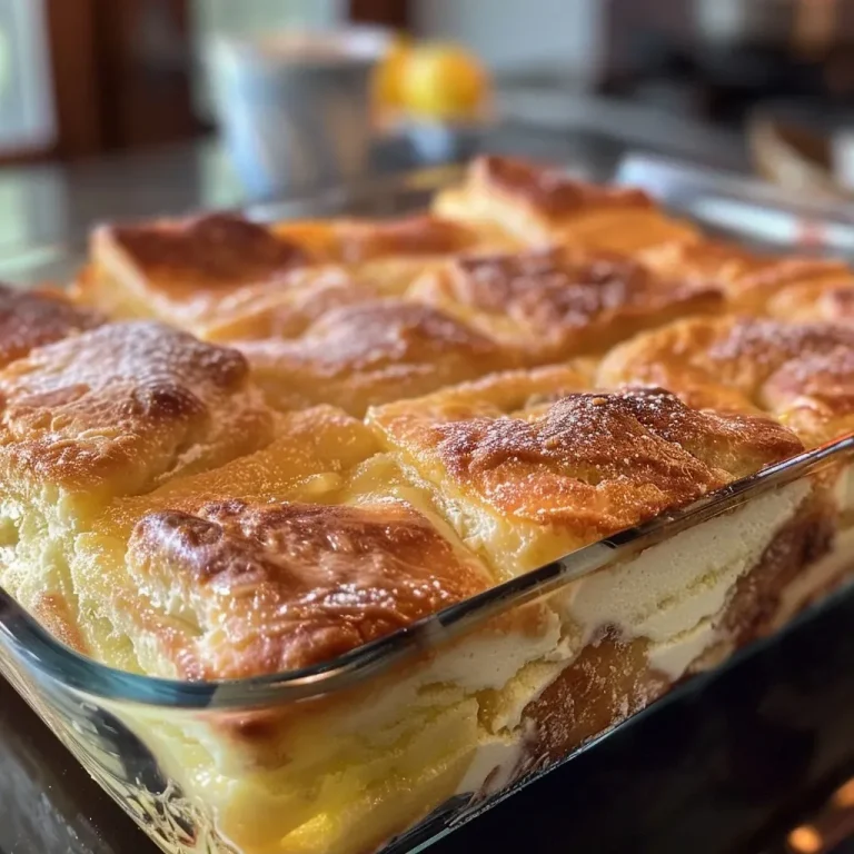 ['A close-up side view of a baked casserole with layers of crescent rolls and cream cheese, topped with cinnamon.', 'A delicious, golden-brown Crescent Roll French Toast Bake with visible cream cheese filling and a cinnamon topping.', 'A mouthwatering image of a slice of creamy Crescent Roll French Toast Bake drizzled with icing and sprinkled with cinnamon.', 'An appetizing close-up of a warm casserole featuring pastry dough and cream cheese, garnished with cinnamon and sugar.']