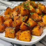 ['Close-up of crispy air fryer butternut squash cubes on a white plate.', 'Side view of golden-brown diced butternut squash, garnished and ready to eat.', 'Juicy butternut squash cubes with a crispy texture, displayed in natural light.', 'Delicious and crispy butternut squash pieces served in a bowl, emphasizing their texture.']
