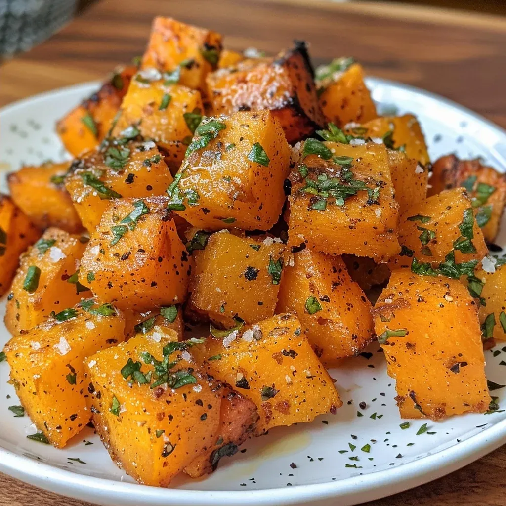 Close-up of crispy air fryer butternut squash cubes on a white plate.