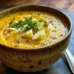 ['Close-up view of creamy curried apple cider soup in a bowl, garnished with shredded apple.', 'Side angle of rich curried apple cider soup, showcasing its creamy texture and vibrant color.', "Bowl of curried apple cider soup with spices scattered around, emphasizing the dish's ingredients.", 'Deliciously creamy apple cider soup, artistically presented with a swirl of coconut milk on top.']